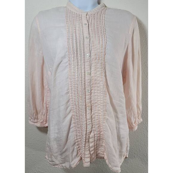 Lucky Brand Peach Pink Tuxedo Pleated Button Up Top Medium Linen Band Collar - Picture 1 of 4